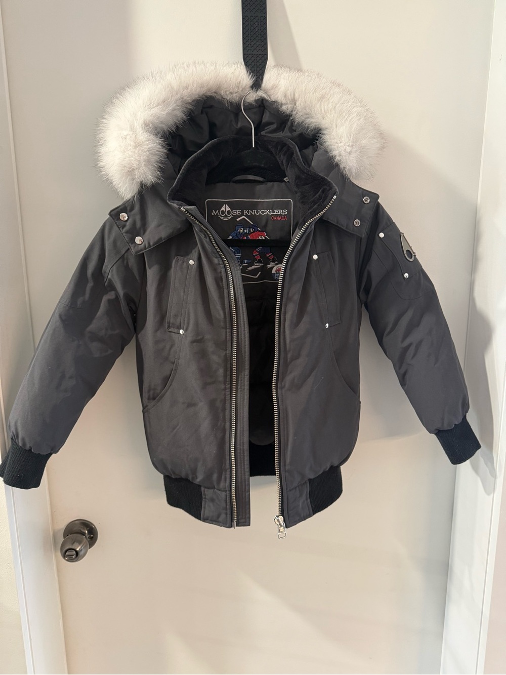 Moose Knuckles Kids' Charcoal Black Hooded Puffer with White Fur Trim